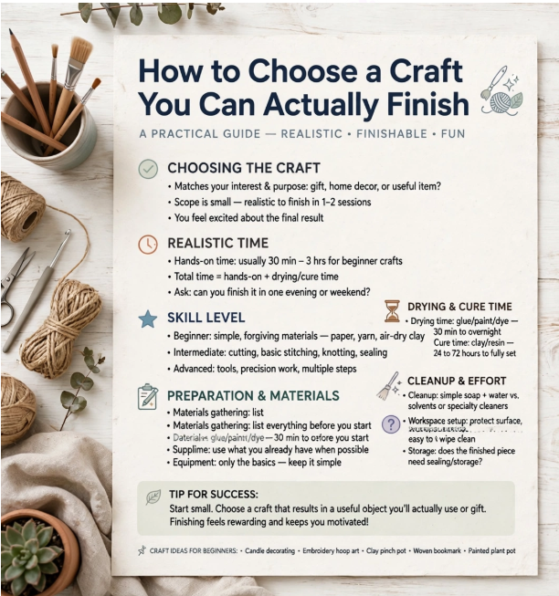 Printable guide titled "How to Choose a Craft You Can Actually Finish" surrounded by twine, paintbrushes, and scissors, an infographic for crafts you can finish in one afternoon.