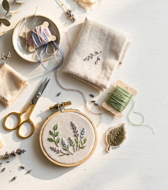 Mini wooden embroidery hoop with delicate lavender stitches alongside gold scissors, embroidery floss bobbins, and linen fabric, showing crafts you can finish in one afternoon.
