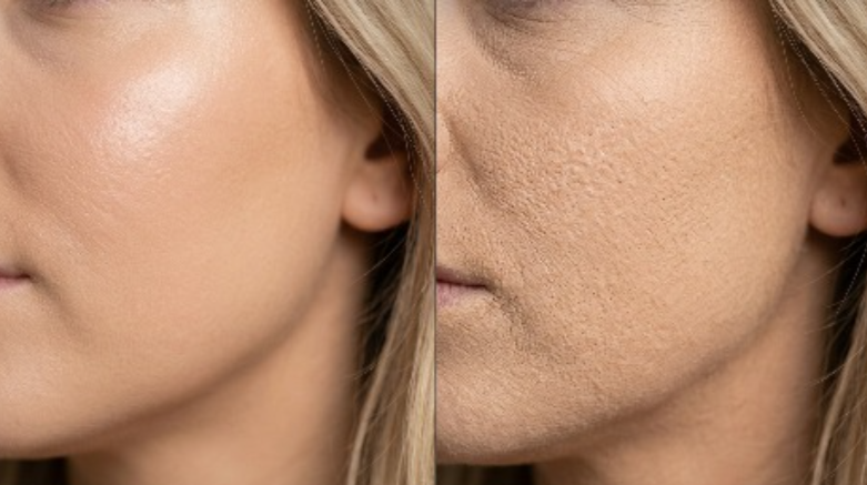 Why Does My Foundation Look Cakey? 9 Mistakes and How to Fix Them Side-by-side comparison showing smooth makeup on hydrated skin versus why does my foundation look cakey with textured pores
