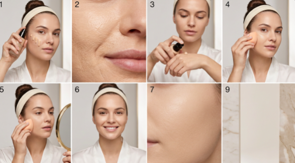 Why Does My Foundation Look Cakey? 9 Mistakes and How to Fix Them Step-by-step numbered guide showing how to apply base with a makeup sponge to solve why does my foundation look cakey