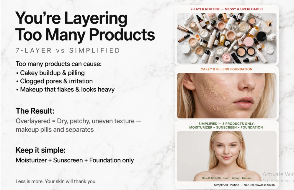 Why Does My Foundation Look Cakey? 9 Mistakes and How to Fix Them Infographic comparing multi-layer skincare vs a simple routine to explain why does my foundation look cakey