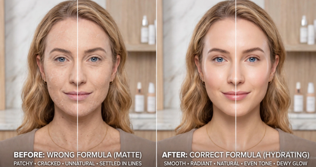 Why Does My Foundation Look Cakey? 9 Mistakes and How to Fix Them Before and after comparison of matte versus hydrating formula showing why does my foundation look cakey