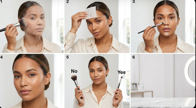 Why Does My Foundation Look Cakey? 9 Mistakes and How to Fix Them Step-by-step powder application guide using targeted brushes to prevent why does my foundation look cakey