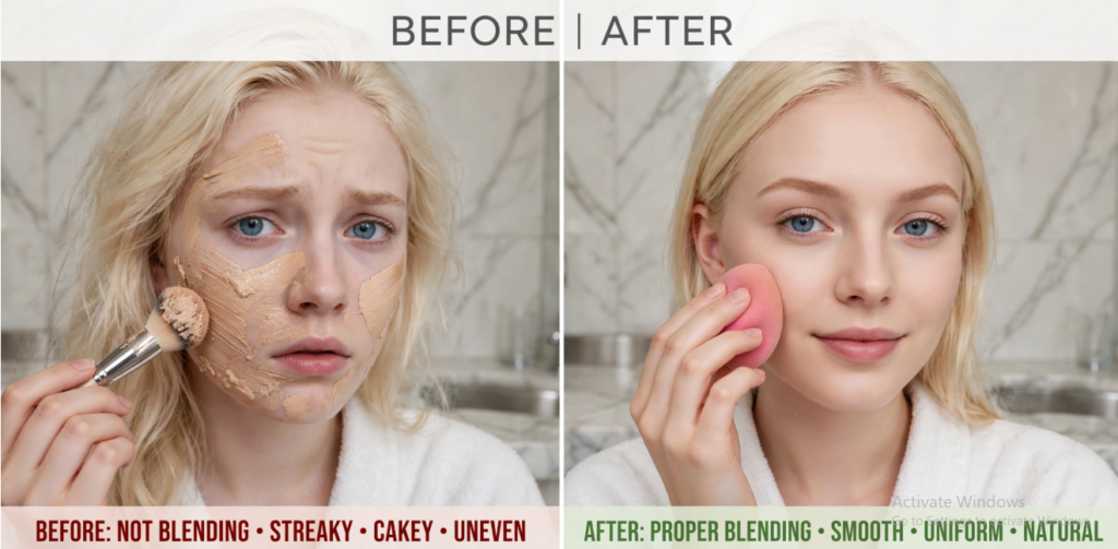Why Does My Foundation Look Cakey? 9 Mistakes and How to Fix Them Before and after blending comparison showing streaky brush application versus a smooth sponge finish to fix why does my foundation look cakey