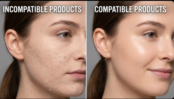 Why Does My Foundation Look Cakey? 9 Mistakes and How to Fix Them Comparison of incompatible versus compatible products showing foundation pilling and answering why does my foundation look cakey