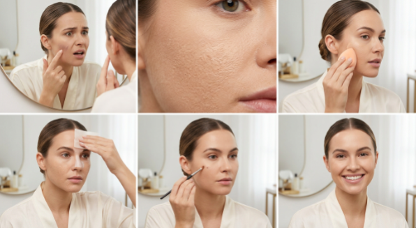 Why Does My Foundation Look Cakey? 9 Mistakes and How to Fix Them Step-by-step beauty tutorial using blotting sheet and sponge blending to answer why does my foundation look cakey