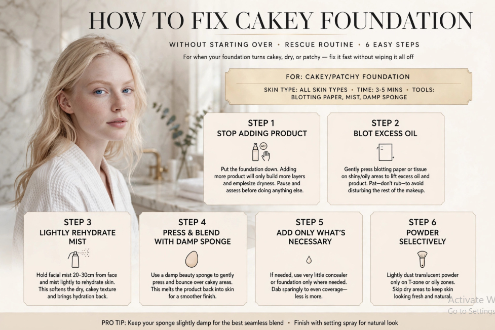 Why Does My Foundation Look Cakey? 9 Mistakes and How to Fix Them Six-step emergency routine guide showing how to fix cakey foundation without starting over explaining why does my foundation look cakey