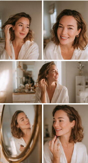 Low Maintenance Beauty Routine: A Simple 5-, 10-, and 15-Minute System A photo collage of a woman enjoying her low maintenance beauty routine, showing her styling her wavy hair, smiling in a bright room, and applying lipstick in a mirror.