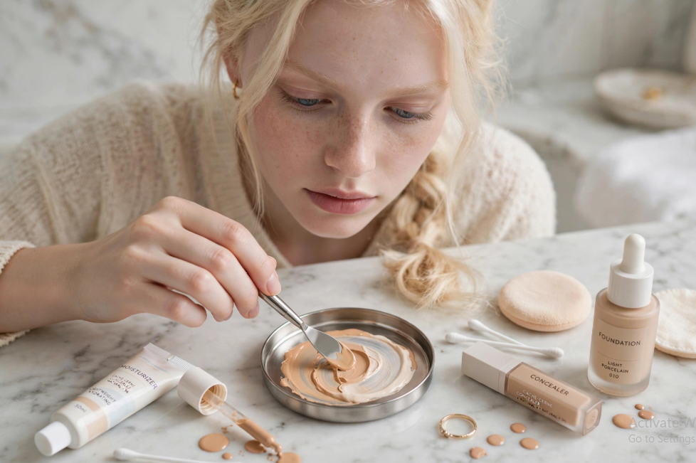 Why Does My Foundation Look Cakey? 9 Mistakes and How to Fix Them Woman mixing liquid foundation and moisturizer on a palette to solve why does my foundation look cakey