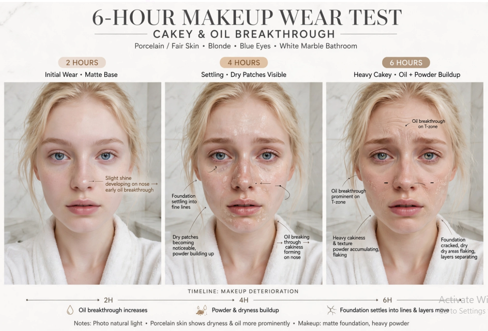 Why Does My Foundation Look Cakey? 9 Mistakes and How to Fix Them 6-hour makeup wear test timeline showing oil breakthrough and answering why does my foundation look cakey over time
