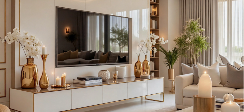 Luxury home decor featuring a modern white media console with gold metallic vases, white orchid blooms, and glowing candles in a bright living room.