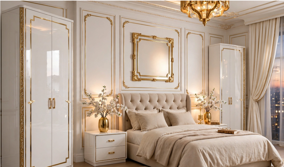 Luxury bedroom decor with a tufted headboard, gold-trimmed wardrobes, ornate wall moulding, and a crystal chandelier.