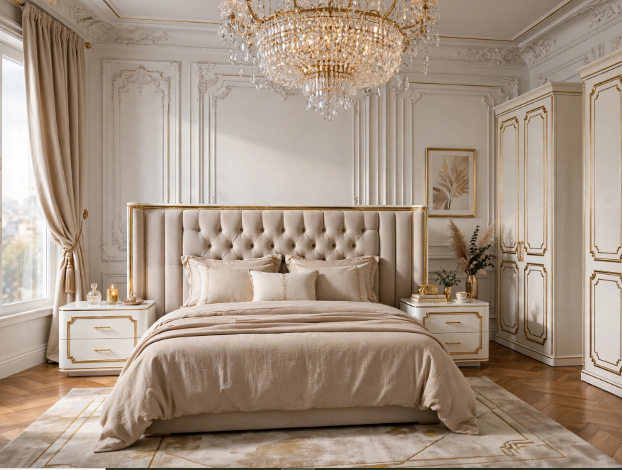 Luxury bedroom decor featuring an upholstered tufted headboard, crystal chandelier, matching white and gold nightstands, and elegant moulding.