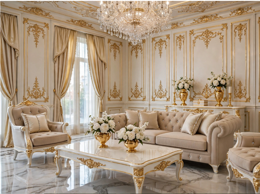 Royal luxury home decor in a neoclassical living room featuring ornate gold boiserie wall moulding, crystal chandelier, and tufted beige sofas.