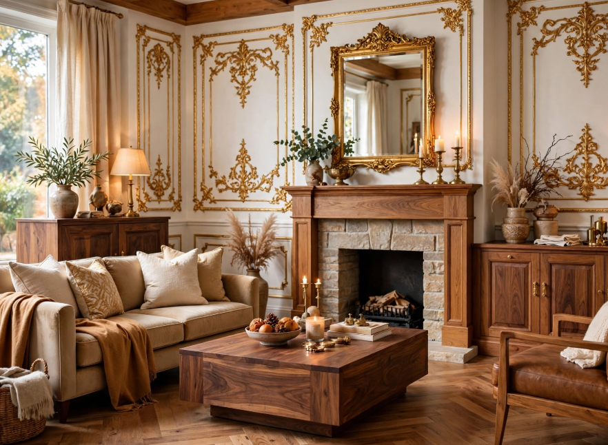 Luxury home decor featuring a rich wood fireplace mantel, ornate gold baroque wall moulding, and a solid walnut coffee table.
Focus Keyphrase: luxury home decor