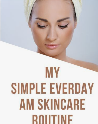 Low Maintenance Beauty Routine: A Simple 5-, 10-, and 15-Minute System A woman with a yellow towel wrap around her hair, looking down with a calm expression, featuring overlaid text reading "MY SIMPLE EVERYDAY AM SKINCARE ROUTINE" as part of a low maintenance beauty routine.