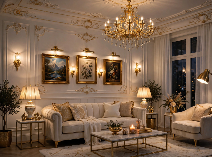 Luxury home decor featuring a grand crystal chandelier, ornate gold picture frames, and a cream tufted sofa in a warm living room.