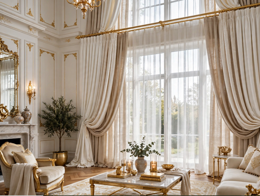 Luxury home decor featuring floor-to-ceiling draped curtains, large French windows, ornate gold boiserie walls, and classic gilded armchairs.