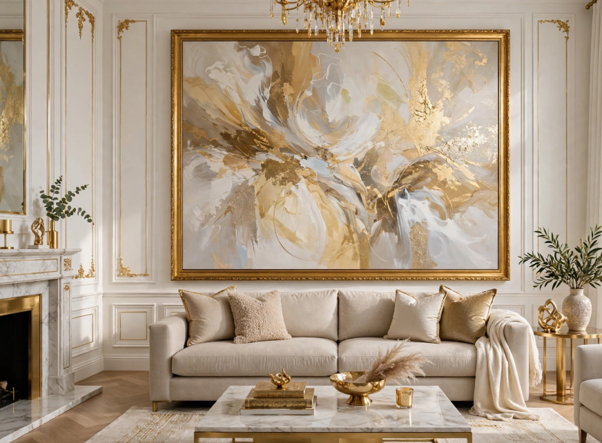 Luxury home decor featuring an oversized gold abstract canvas painting above a cream sofa, marble coffee table, and ornate fireplace.