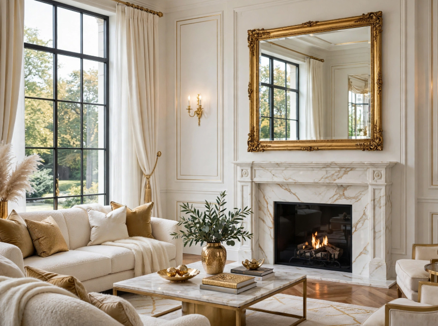Luxury home decor featuring a marble fireplace mantel, ornate gold baroque mirror, and plush cream sofa next to a tall black grid window.