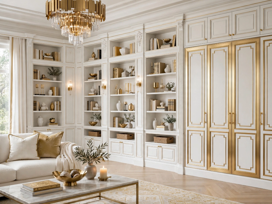 Luxury home decor featuring floor-to-ceiling white built-in bookshelves with gold trim, brass crystal chandelier, and marble coffee table.