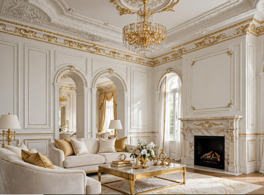 Luxury home decor featuring neoclassical arched entryways, ornate gold crown moulding, a crystal chandelier, and a marble fireplace mantel.