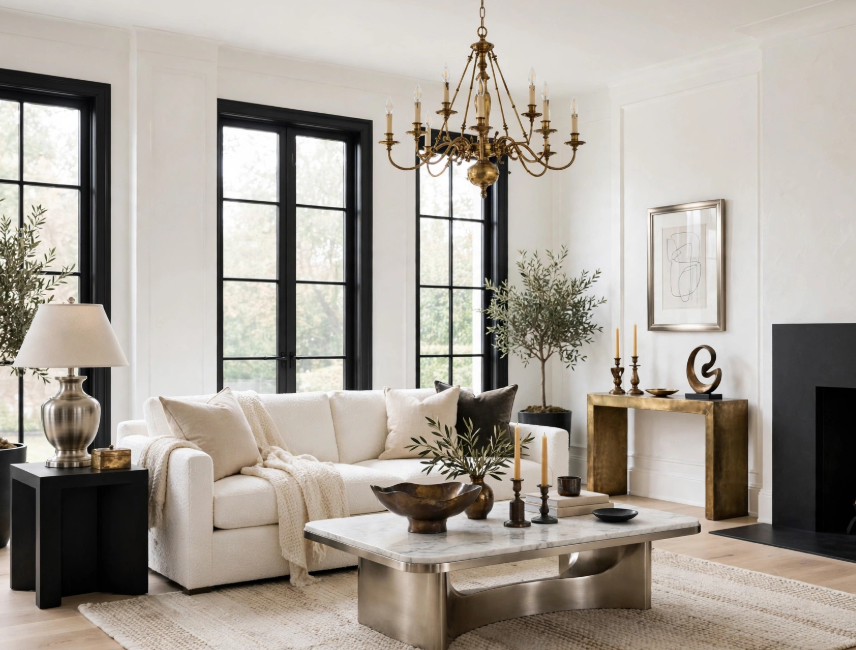 Luxury home decor featuring a classic brass candle chandelier, sculptured marble coffee table, plush cream sofa, and black grid French doors.