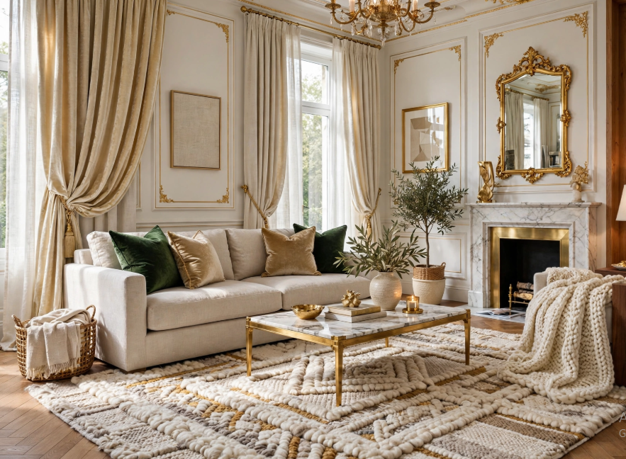 Luxury home decor featuring a marble fireplace, gilded gold mirror, plush cream sofa with velvet pillows, and a textured area rug.