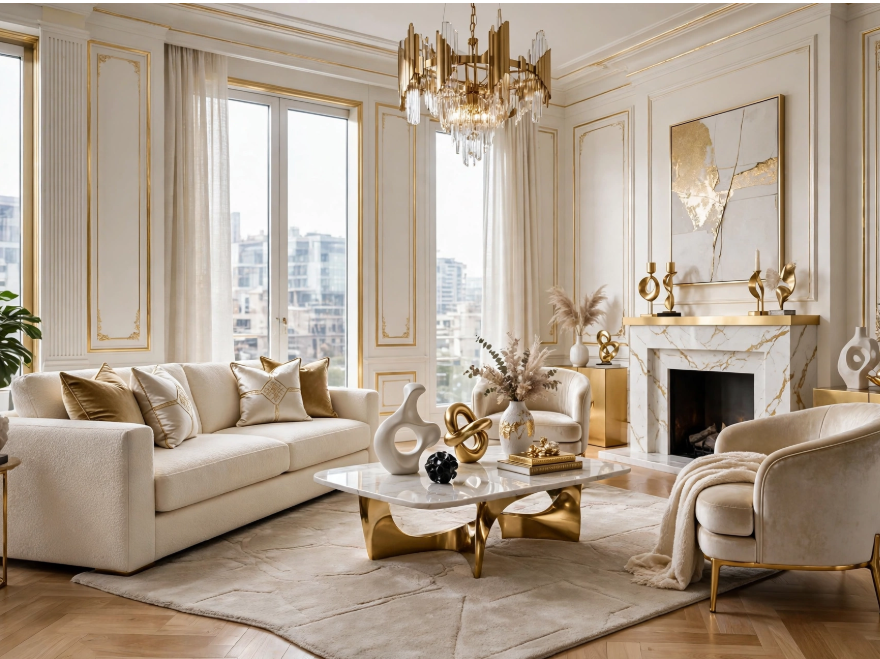 Luxury home decor featuring a modern marble coffee table with sculptural gold base, crystal chandelier, and marble fireplace mantel.
