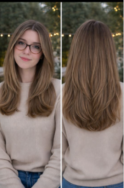 Low Maintenance Beauty Routine: A Simple 5-, 10-, and 15-Minute System A two-panel photo showing the front and back view of a woman with long, layered brown hair and glasses, representing an effortless hairstyle for a low maintenance beauty routine.