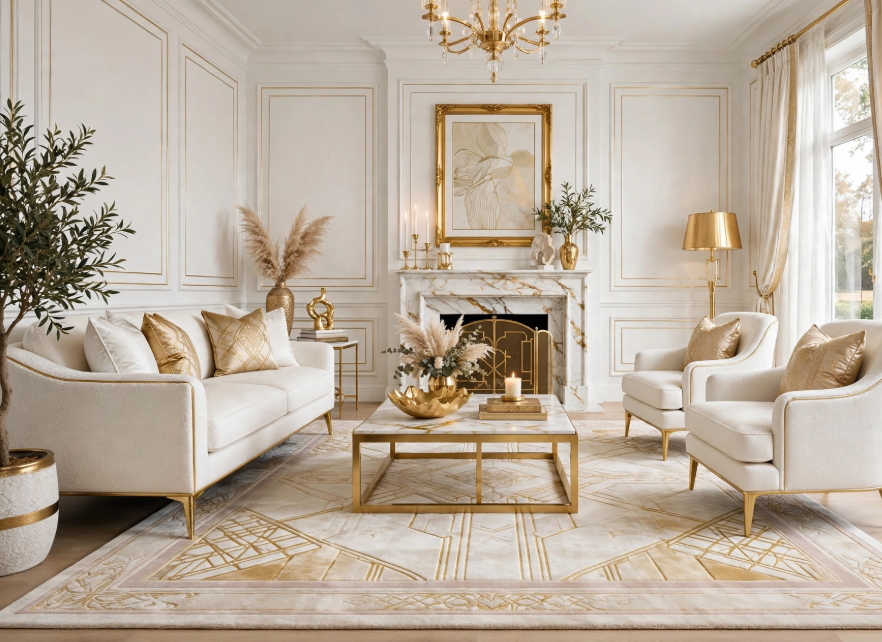 Luxury home decor featuring a marble fireplace with gold screen, crystal chandelier, geometric area rug, and cream velvet sofas.