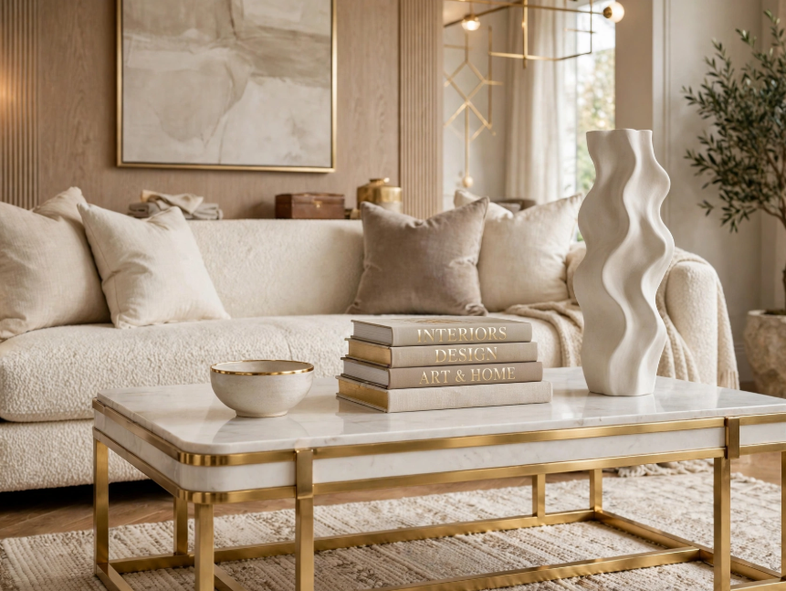Luxury home decor featuring a marble top coffee table with gold brass trim, sculptural wavy ceramic vase, and plush bouclé sofa.