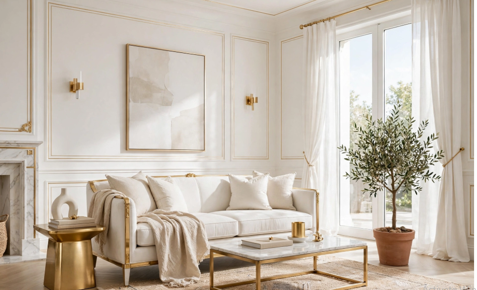 Luxury home decor featuring an elegant cream sofa with gold trim, marble coffee table, potted olive tree, and classic wall moulding.