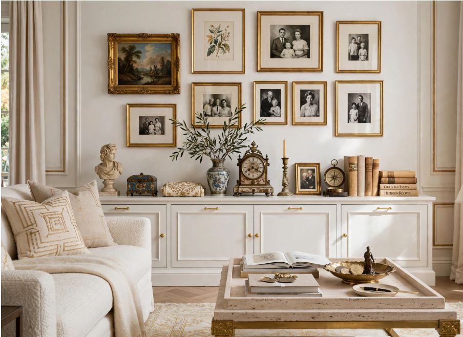 Luxury home decor featuring a vintage gallery wall in gold frames above a white credenza with antique clock, books, and marble coffee table.