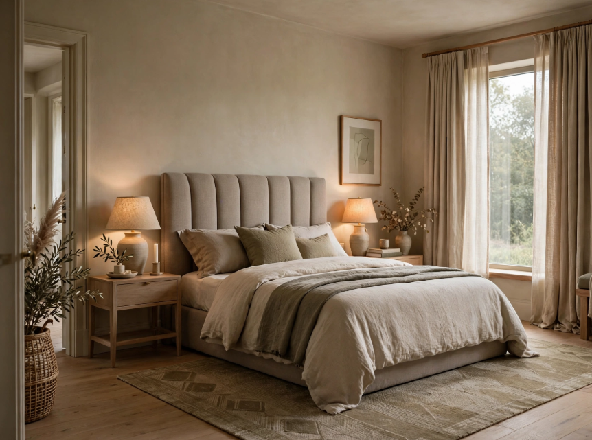 Luxury bedroom decor featuring a channel-tufted headboard, neutral linen bedding with olive accents, wooden nightstand, and ceramic table lamps.