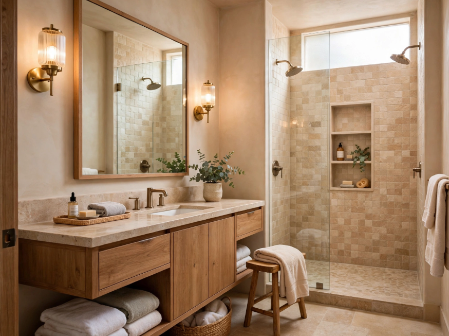 Luxury bathroom decor featuring a floating natural wood vanity, travertine tile walk-in shower, fluted glass wall sconces, and a large wood-framed mirror.