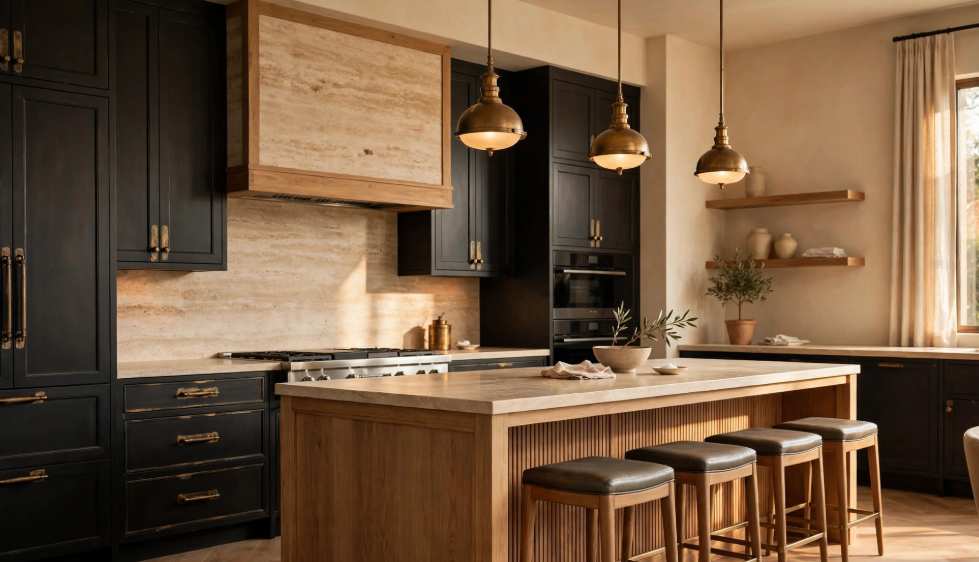 Luxury kitchen decor featuring a fluted wood island with barstools, travertine stone backsplash, brass dome pendant lights, and black cabinets.