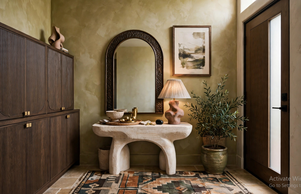 Luxury home decor featuring a sculpted travertine console table, textured arched mirror, pleated ceramic lamp, and dark fluted wood cabinets in an entryway.