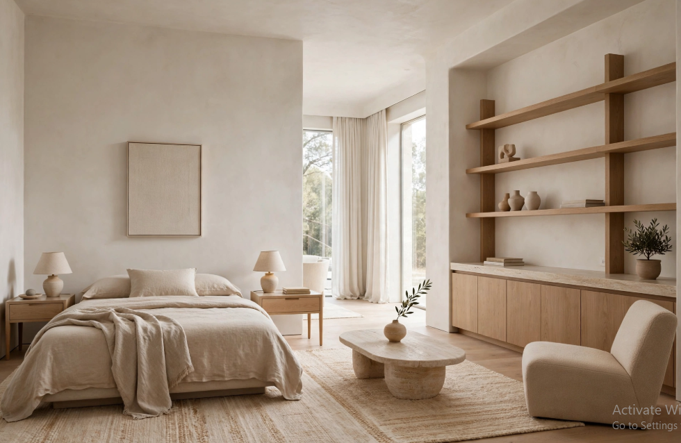 Luxury bedroom decor featuring a minimalist low platform bed, open oak wood shelving, stone coffee table, and neutral textured walls.