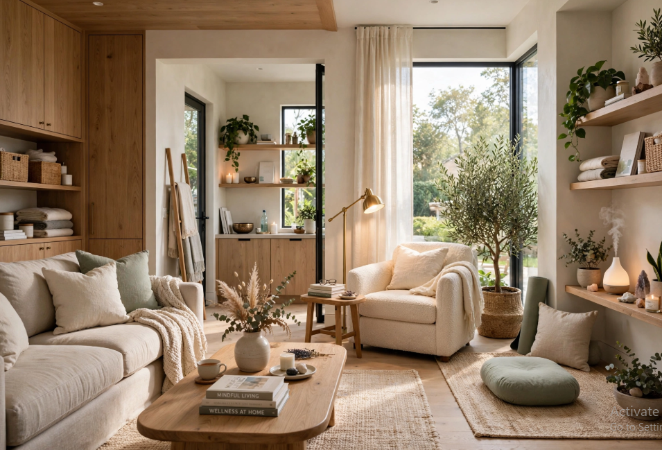 Luxury home decor in a zen wellness living room featuring light wood coffee table, potted indoor olive tree, and natural linen sofa.