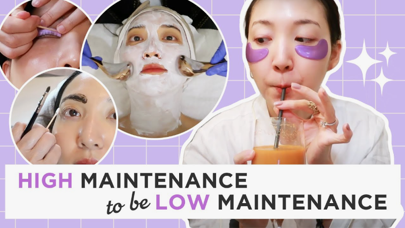 Low Maintenance Beauty Routine: A Simple 5-, 10-, and 15-Minute System A collage of four photos illustrating a high-maintenance approach to achieve a low-maintenance beauty routine, featuring eyelash lifting, a facial mask treatment, eyebrow tinting, and a woman wearing purple under-eye patches while drinking from a glass.