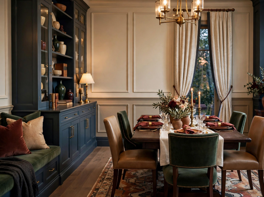 Luxury dining room decor featuring a dark wood dining table, emerald green velvet chairs, navy built-in cabinetry, and a brass chandelier.