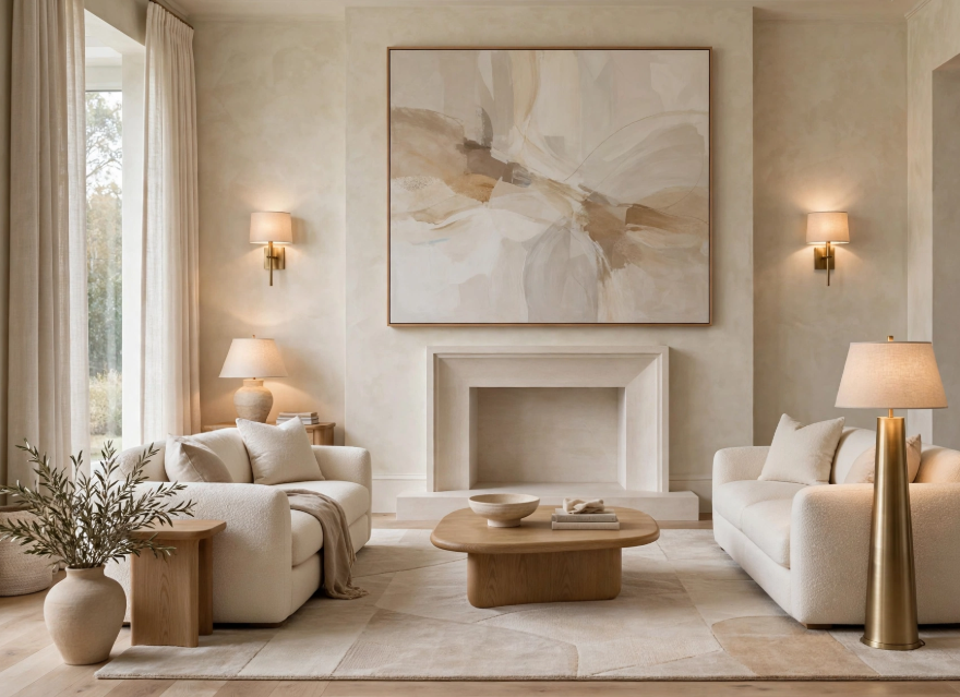 Luxury home decor featuring a minimalist stone fireplace, large neutral abstract wall art, curved bouclé sofas, and warm brass lighting.