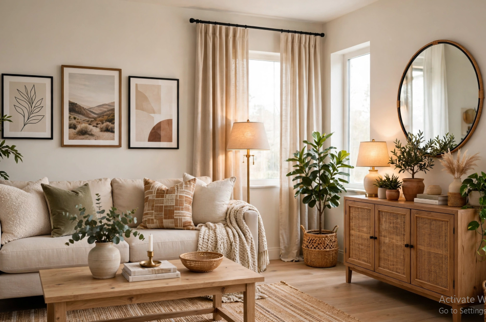 Luxury home decor in a warm neutral living room featuring a rattan cane sideboard, round wall mirror, wooden coffee table, and cozy cream sofa.