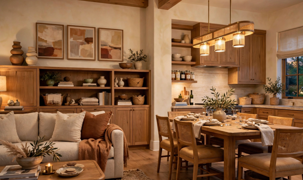 Luxury home decor in an open-concept living and dining area featuring warm wooden built-ins, cane dining chairs, and a cane island pendant light.