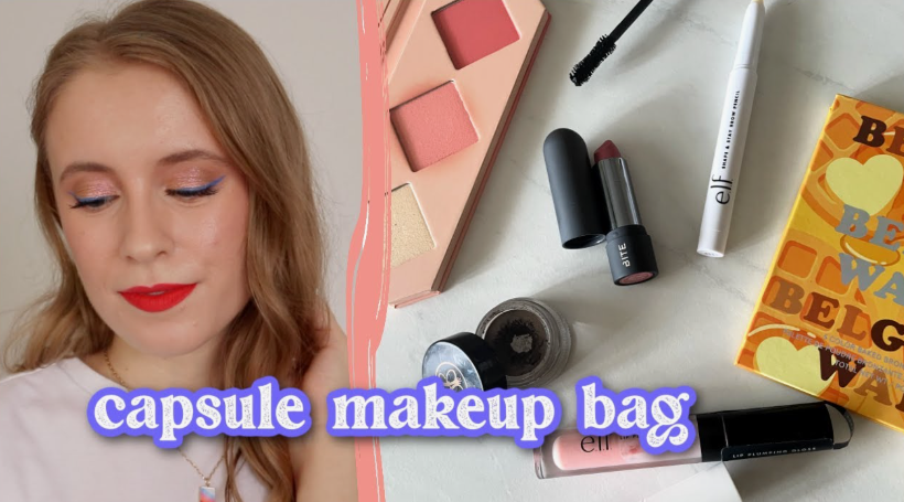 Low Maintenance Beauty Routine: A Simple 5-, 10-, and 15-Minute System A woman with a bold red lip and shimmering eyeshadow, next to a flat lay of minimal beauty essentials including a blush palette, lipstick, and eyebrow pencil, illustrating a capsule makeup bag for a low maintenance beauty routine.