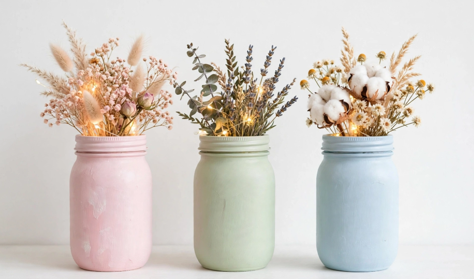 Three pastel painted mason jars with dried flowers and fairy lights, an easy and cheap DIY project for home decor.