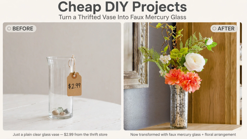 Before and after of a cheap DIY project turning a plain thrifted glass vase into faux mercury glass with flowers.   