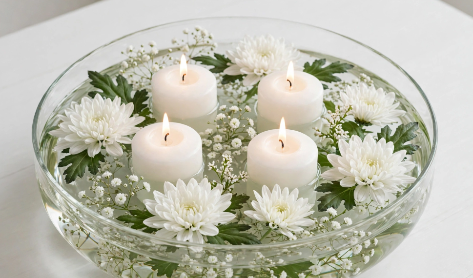 Floating white candles and fresh flowers in a glass bowl centerpiece, an elegant and cheap DIY project.   