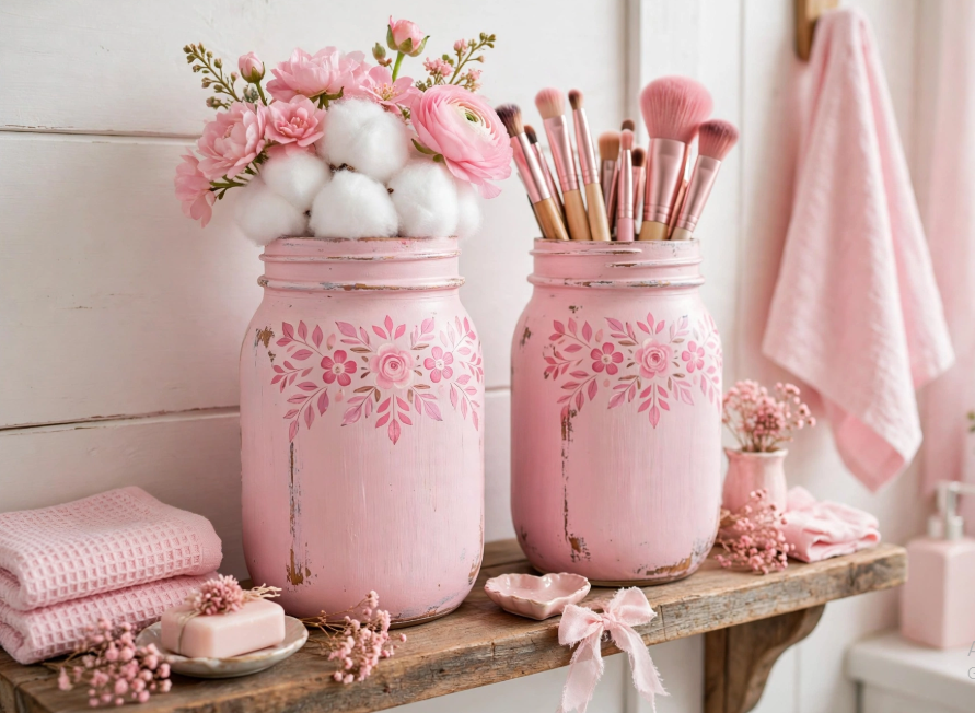Pink painted mason jars used as bathroom organizers for flowers and makeup brushes, an easy and cheap DIY project.